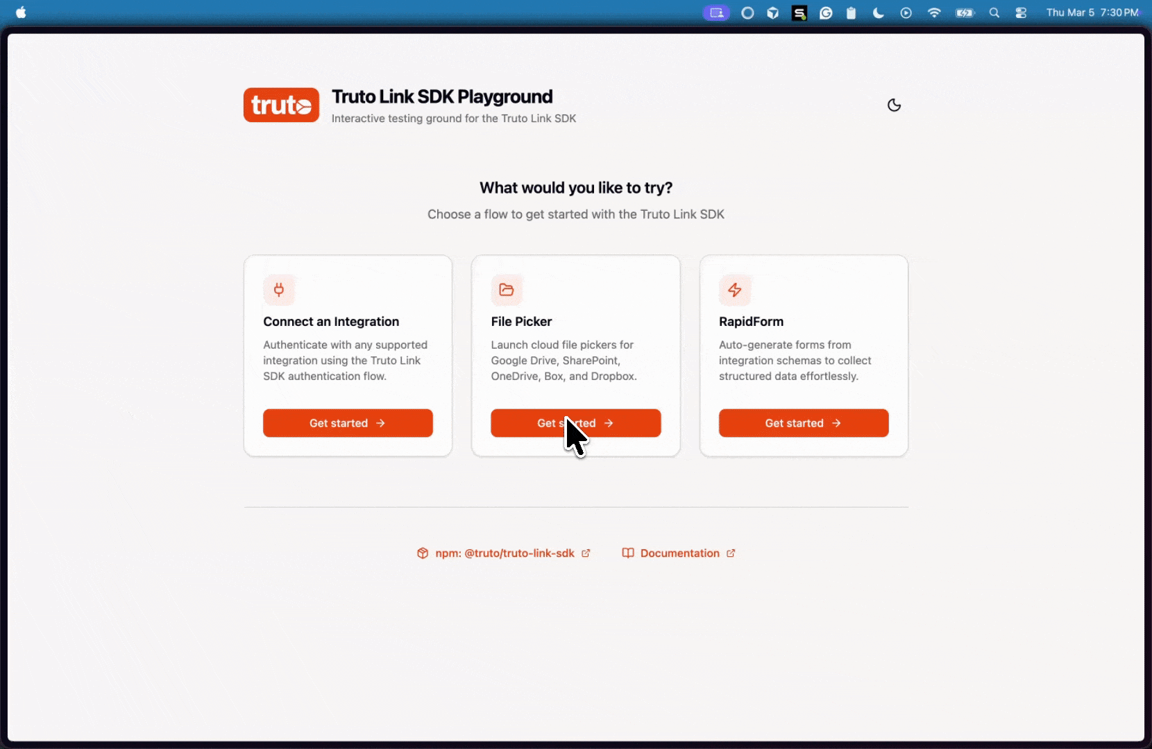 Screen recording of the Truto Link SDK Playground demonstrating the Google Drive file picker: the Truto homepage shows three cards (Connect an Integration, File Picker, RapidForm). The user clicks “Get started” on the File Picker card; a loading spinner appears, then the native Google Drive picker opens with the standard sidebar (My Drive, Shared drives) and main file list. The user scrolls the file list, selects a file (highlighted), confirms the selection, and the picker closes, returning control to the playground—illustrating one showFilePicker call launching the vendor’s official UI and returning the chosen file.